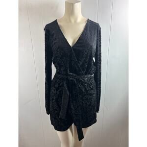 SAYLOR Black Velvet Floral Pattern Burnout Shorts Romper. Long Sleeves. Size M